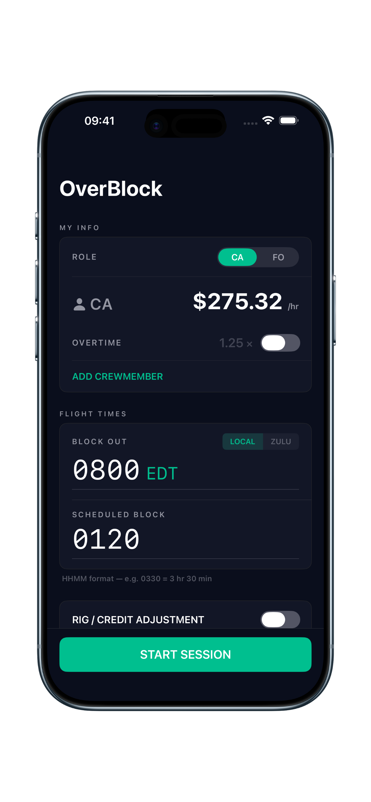 OverBlock setup screen for role, rate, and block time